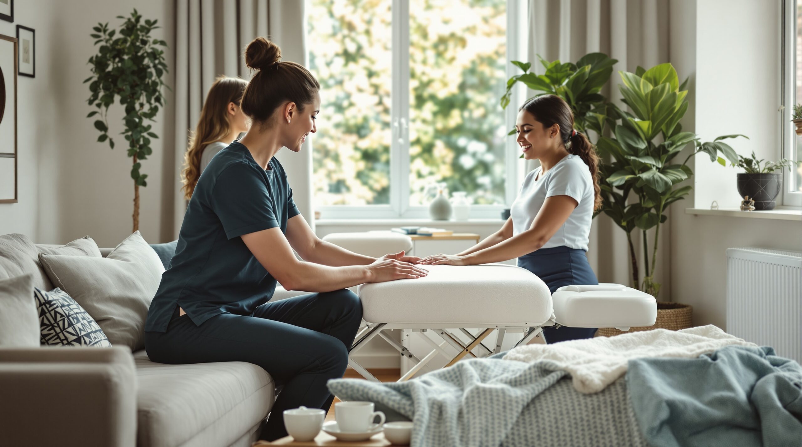 Calm, reassuring scene showing a massage therapist explaining the process to a relaxed first-time client in their familiar ho