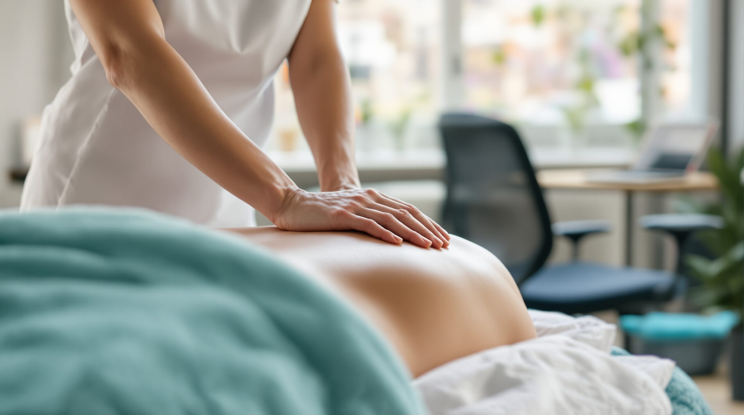 Close-up of massage therapist’s hands working on client’s neck and shoulders, with a home office setup visible in the soft-focused background including laptop and ergonomic chair. Natural lighting fro Close-up of massage therapist's hands working on client's neck and shoulders, with a home office setup visible in the soft-fo