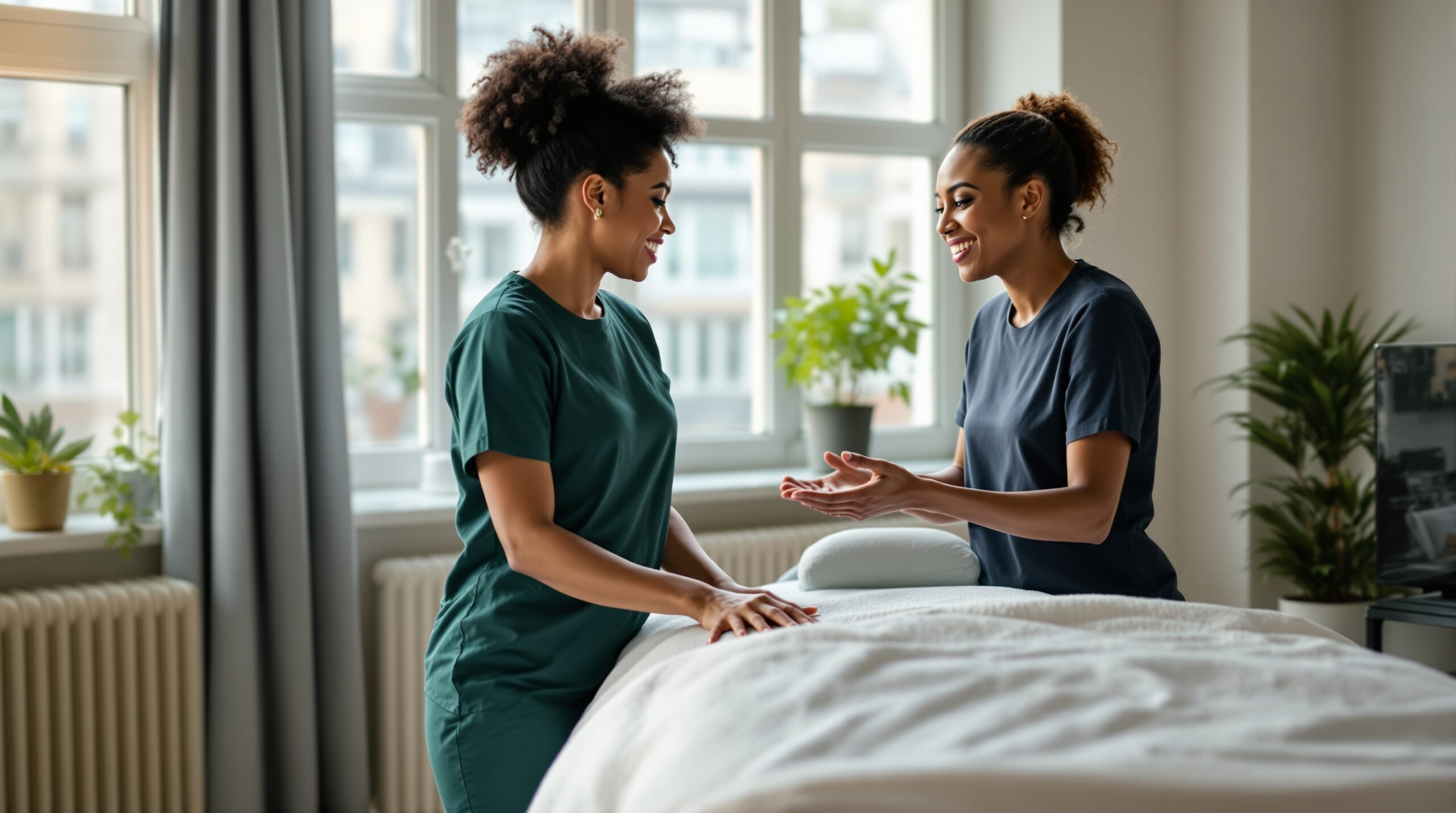 Diverse massage therapist communicating with an international client in a bright Berlin apartment. The scene captures cultura
