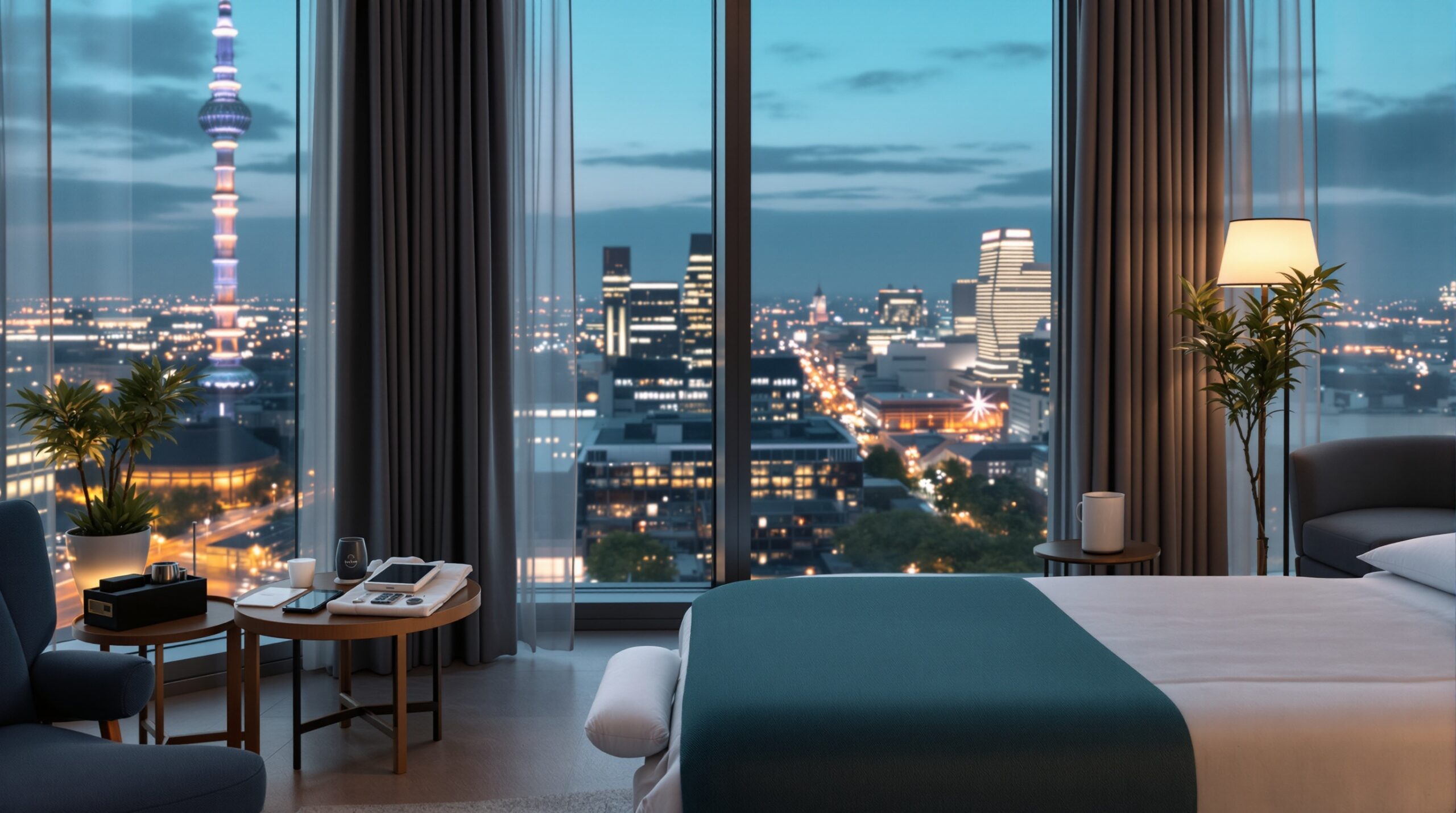 Elegant hotel room setup with portable massage table positioned near floor-to-ceiling windows overlooking Berlin cityscape. P