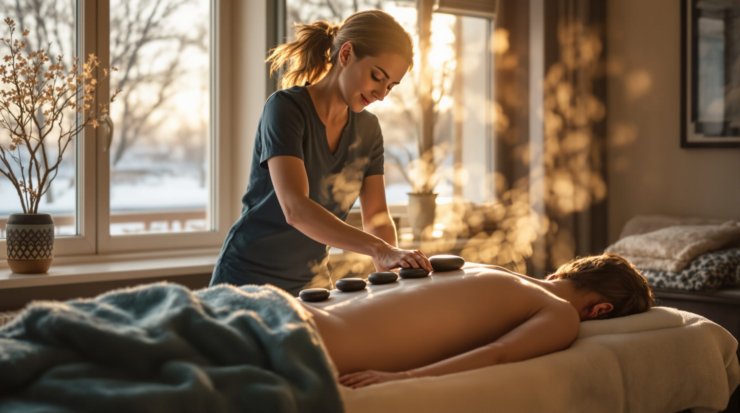Massage therapist placing heated stones along a client's spine in a cozy, warmly lit Berlin apartment. Winter scene visible t