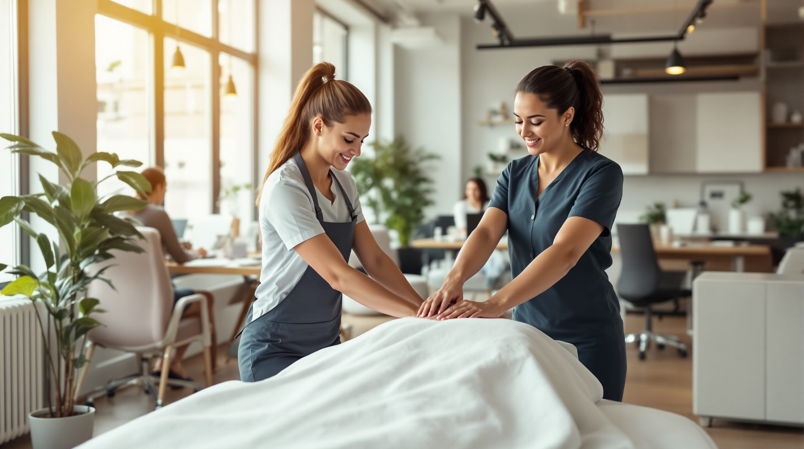 Professional massage therapist providing chair massage to an employee in a modern Berlin office space. Other workers visible in the background, creating a productive yet relaxed workplace atmosphere. Professional massage therapist providing chair massage to an employee in a modern Berlin office space. Other workers visible