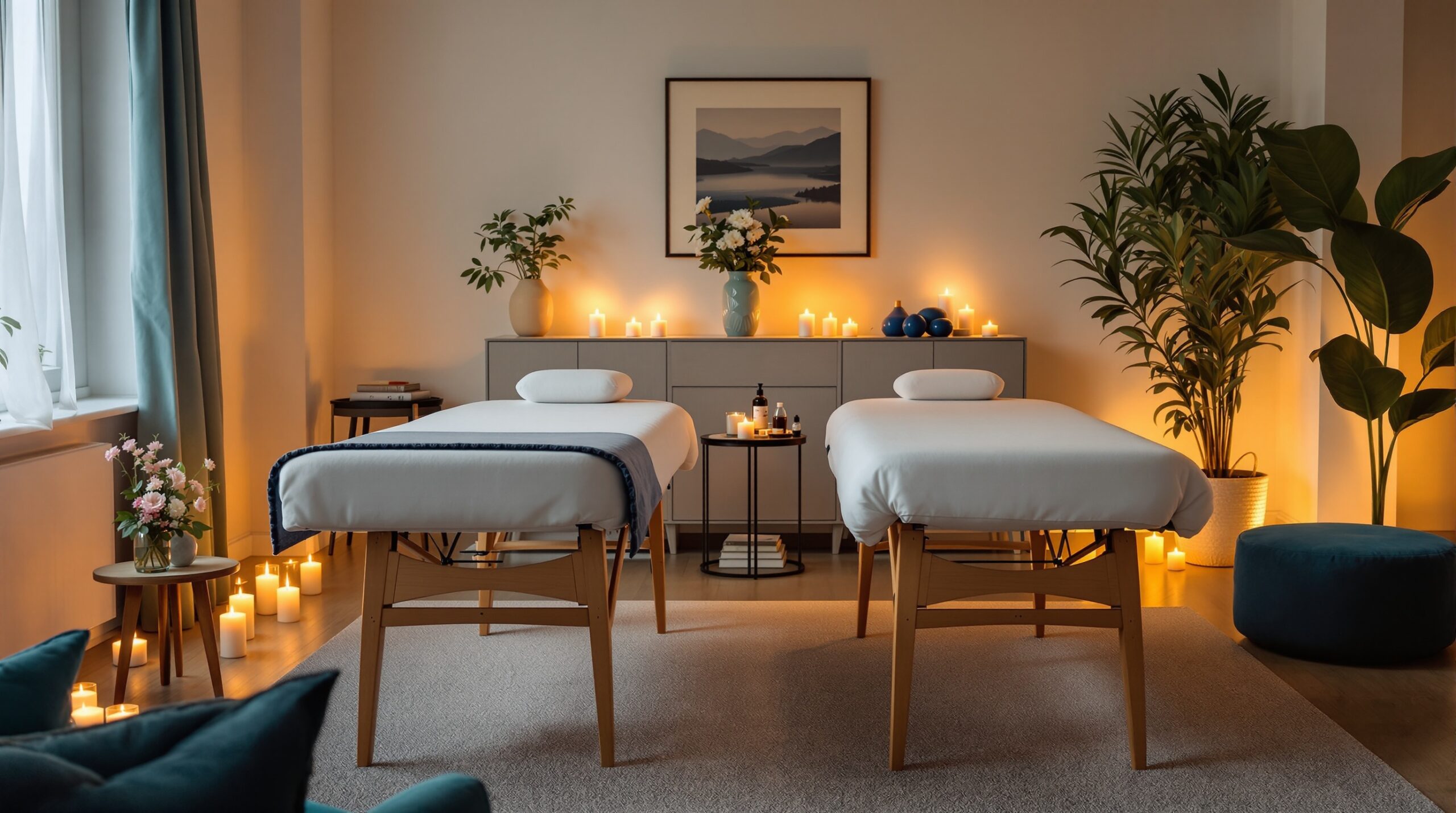 Two massage tables set up side by side in a romantically lit Berlin apartment living room. Candles and soft lighting create a